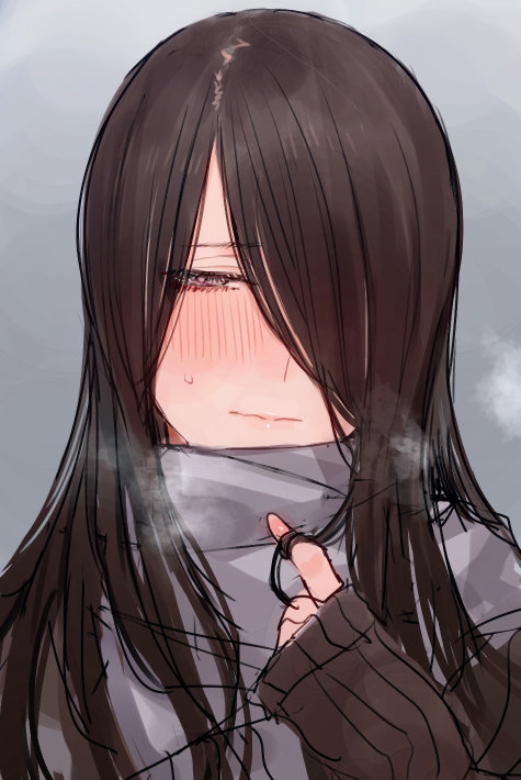 1girl bangs black_eyes black_hair black_sweater blush c.cu closed_mouth embarrassed eyebrows_visible_through_hair grey_scarf hair_over_one_eye half-closed_eye long_hair long_sleeves looking_at_viewer nose_blush original sketch sleeves_past_wrists solo sweatdrop sweater