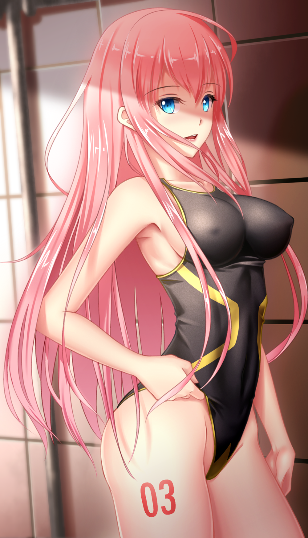 1girl adjusting_clothes adjusting_swimsuit aqua_eyes black_swimsuit breasts competition_swimsuit cowboy_shot erect_nipples geduan highleg highleg_swimsuit highres long_hair looking_at_viewer medium_breasts megurine_luka number one-piece_swimsuit open_mouth pink_hair solo standing swimsuit vocaloid