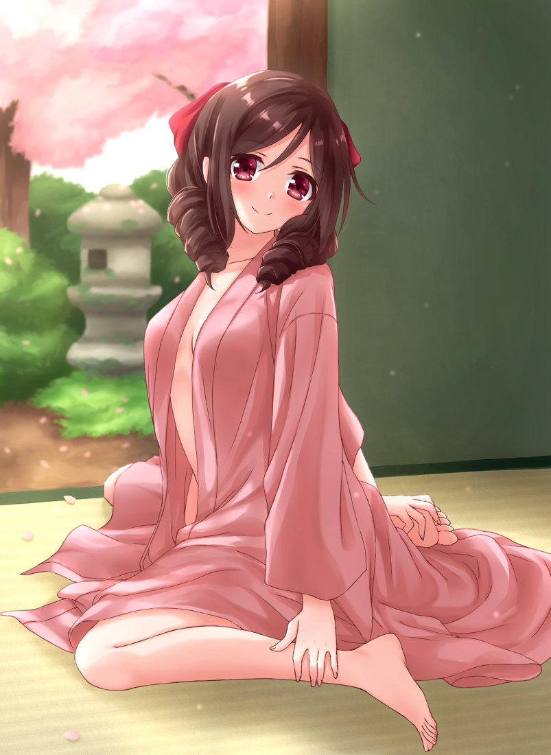 1girl barefoot bow brown_hair cherry_blossoms drill_hair hair_bow harukaze_(kantai_collection) hoshino_kagari japanese_clothes kantai_collection kimono looking_at_viewer pink_kimono red_bow red_eyes sitting smile solo tatami twin_drills wariza