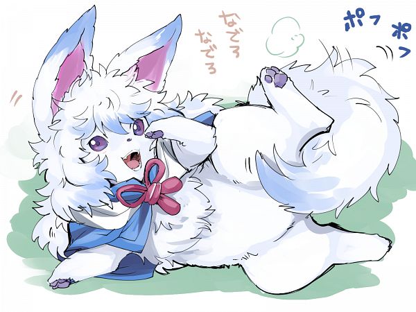 bow cape creature fate/grand_order fate_(series) fluffy fou_(fate/grand_order) lying no_humans on_side shimo_(s_kaminaka) solo tail_wagging translation_request violet_eyes