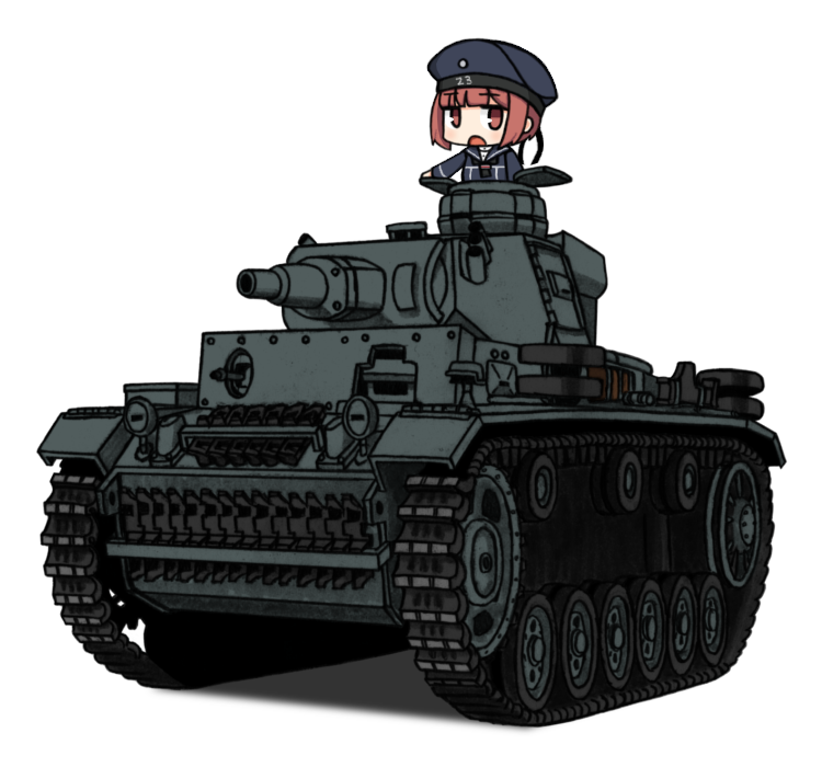 1girl brown_eyes brown_hair chibi ground_vehicle iiyatsu_(stormtrooperh) kantai_collection military military_vehicle motor_vehicle panzerkampfwagen_iii short_hair simple_background tank white_background z3_max_schultz_(kantai_collection)