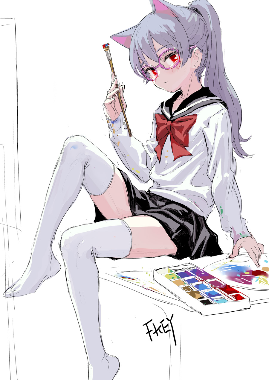 1girl animal_ears artist_name bespectacled black_skirt blush bow cat_ears commentary_request feet_out_of_frame fkey glasses head_tilt highres holding holding_paintbrush knee_up long_hair long_sleeves looking_at_viewer miniskirt no_shoes original paint paint_on_clothes paintbrush pink-framed_eyewear ponytail red_bow red_eyes red_neckwear round_eyewear sailor_collar school_uniform serafuku silver_hair simple_background sitting sketch skirt solo thigh-highs white_background white_legwear white_serafuku zettai_ryouiki