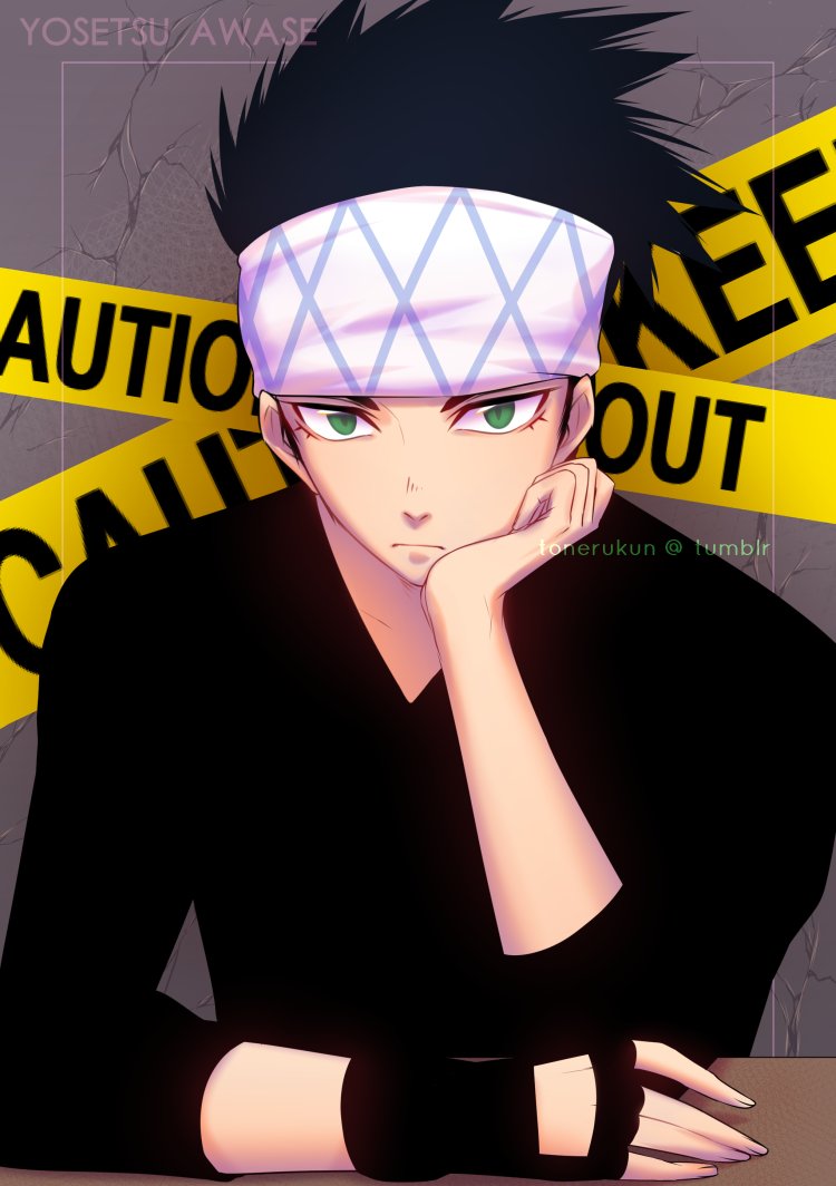 1boy artist_name awase_yousetsu black_hair boku_no_hero_academia caution_tape gloves green_eyes headband male_focus single_glove solo tonerukun watermark web_address