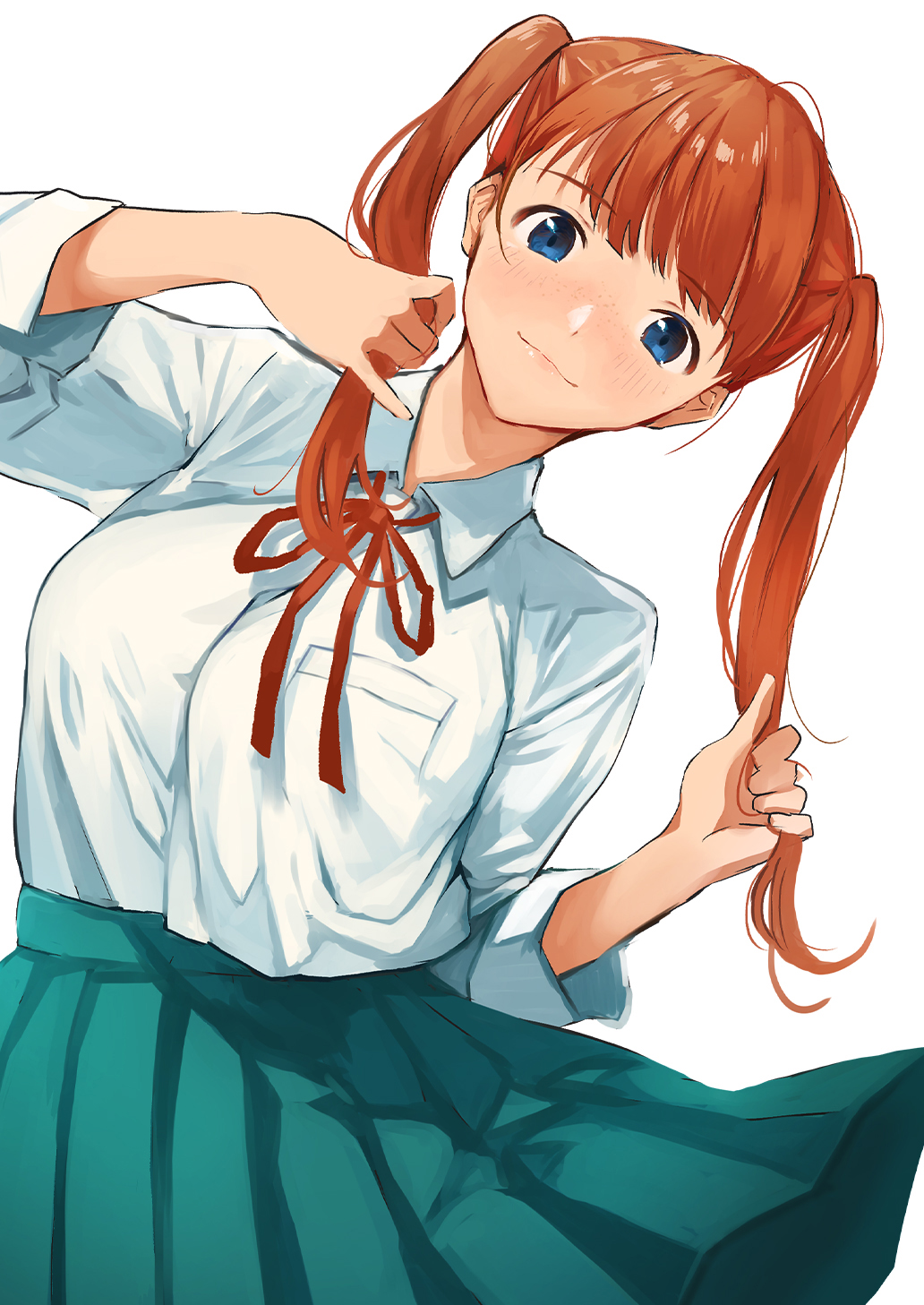 1girl ahoge aqua_skirt bangs blue_eyes blunt_bangs blush breast_pocket closed_mouth collared_shirt copyright_request doushimasho dress_shirt eyebrows_visible_through_hair freckles highres leaning_to_the_side long_hair long_sleeves looking_at_viewer medium_skirt neck_ribbon orange_hair pleated_skirt pocket red_neckwear red_ribbon ribbon school_uniform shiny shiny_hair shirt simple_background skirt smile solo tareme twintails upper_body white_background white_shirt wing_collar