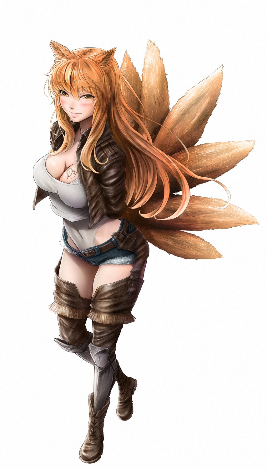 1girl animal_ears arms_behind_back blush boots breast_tattoo breasts brown_eyes chaps character_request commentary commentary_request copyright_request covered_navel cutoffs denim denim_shorts eyebrows_visible_through_hair fox_ears fox_tail full_body greaves highres imizu_(nitro_unknown) jacket kitsune leather leather_jacket leotard_under_clothes lips long_hair medium_breasts multiple_tails orange_hair short_shorts shorts smile solo tail tattoo thigh-highs
