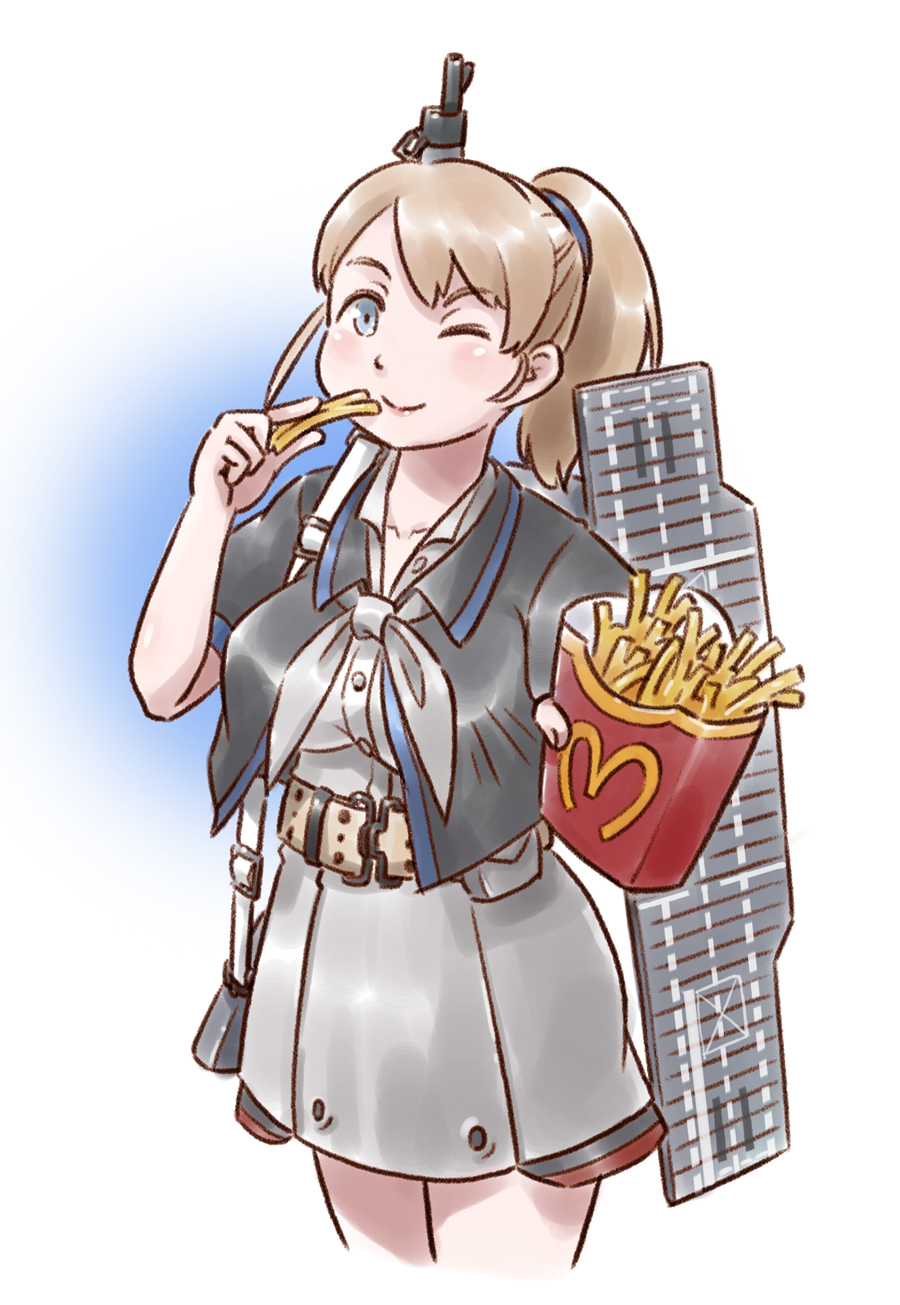 1girl ;) belt belt_buckle belt_pouch black_jacket blue_background blue_eyes blush breasts brown_hair buckle closed_mouth collared_dress cropped_jacket cropped_legs dress flight_deck food french_fries gradient gradient_background grey_dress grey_neckwear hair_tie highres holding holding_food intrepid_(kantai_collection) jacket kantai_collection karasu_(naoshow357) lips long_hair looking_at_viewer mcdonald's medium_breasts neckerchief one_eye_closed outstretched_arm ponytail shiny shiny_hair short_sleeves smile solo standing