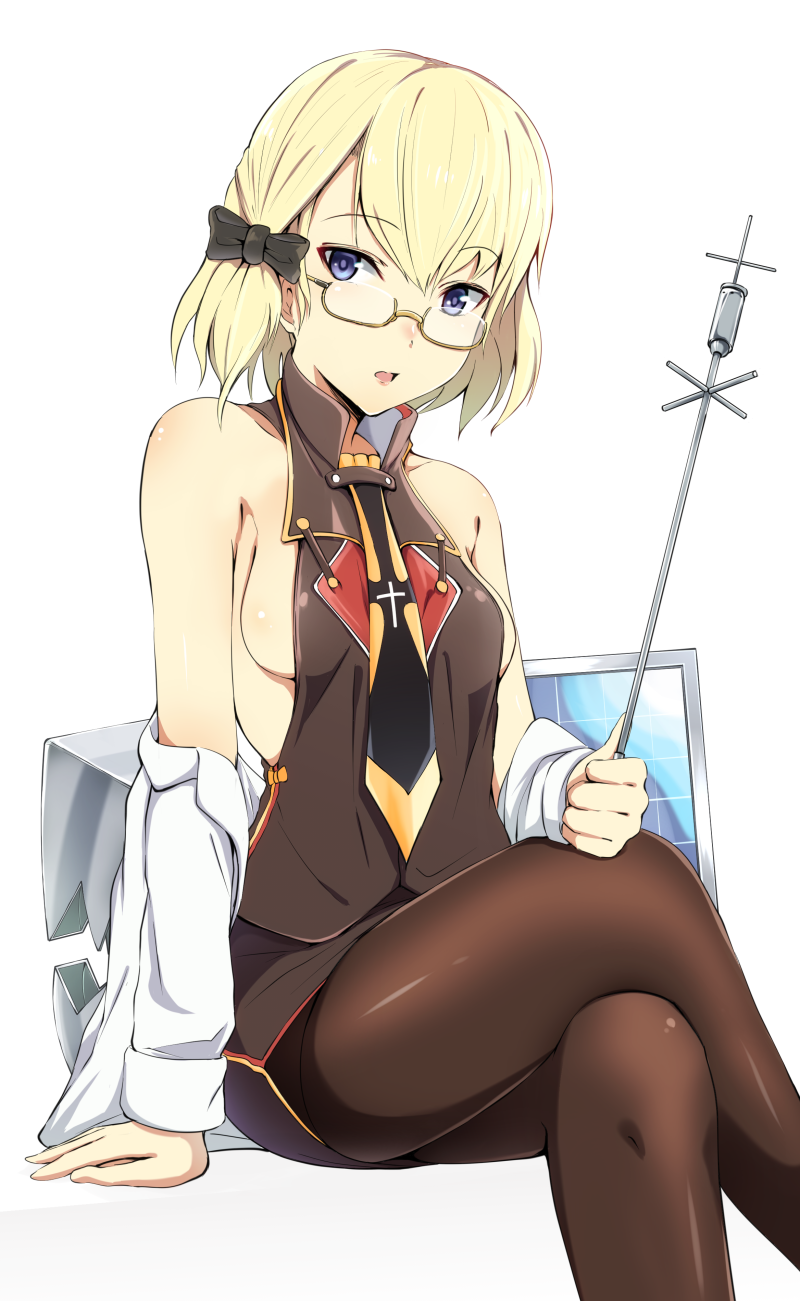 1girl :o arm_at_side azur_lane bare_shoulders black_bow black_neckwear black_skirt black_vest blonde_hair blue_eyes blush bondo_(borndragon) bow breasts brown_legwear collarbone cross_print feet_out_of_frame glasses hair_bow highres holding legs_crossed long_sleeves looking_at_viewer miniskirt necktie nose_blush off_shoulder open_clothes open_mouth pantyhose semi-rimless_eyewear short_hair sideboob simple_background sitting skirt small_breasts solo tsukihime under-rim_eyewear vest white_background yellow-tinted_glasses z23_(azur_lane)