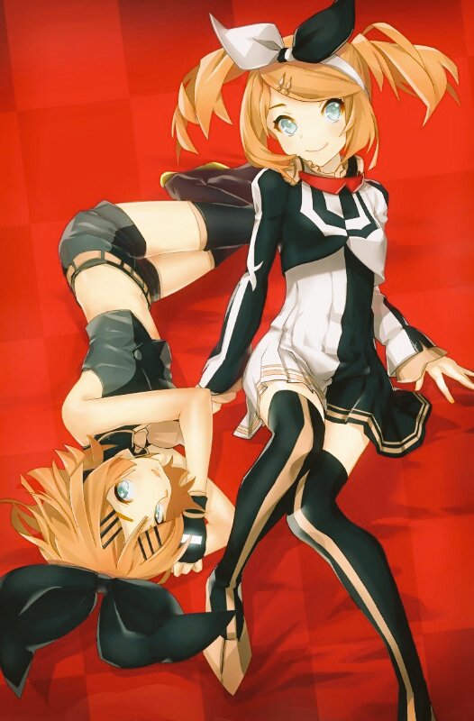 2girls black_star_(module) blonde_hair blue_eyes blush bow checkered_pattern crop_top dress dual_persona hair_bow hair_ornament hairclip kagamine_rin kodoku_no_hate_(vocaloid) leg_warmers looking_at_viewer lying midriff multiple_girls on_back on_side open_mouth project_diva project_diva_(series) reactor_(module) roshin_yuukai_(vocaloid) sawashi_(ur-sawasi) short_dress short_hair short_twintails shorts sleeveless smile striped striped_legwear thigh-highs twintails vocaloid zettai_ryouiki