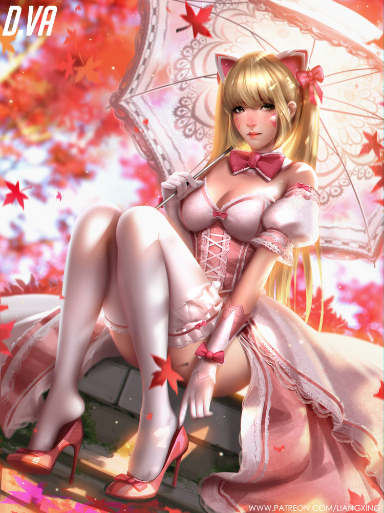 1girl alternate_color alternate_costume animal_ears autumn_leaves backlighting black_cat_d.va blonde_hair bow bowtie breasts brown_eyes cat_ears character_name cleavage commentary corset d.va_(overwatch) day dress facepaint facial_mark full_body gloves hair_bow high_heels holding holding_umbrella knees_together_feet_apart lace lace-trimmed_dress liang_xing lips looking_at_viewer medium_breasts medium_hair nose outdoors overwatch pink_bow pink_lips realistic red_footwear removing_shoes short_sleeves sitting solo thigh-highs twintails umbrella watermark web_address whisker_markings white_dress white_gloves white_legwear