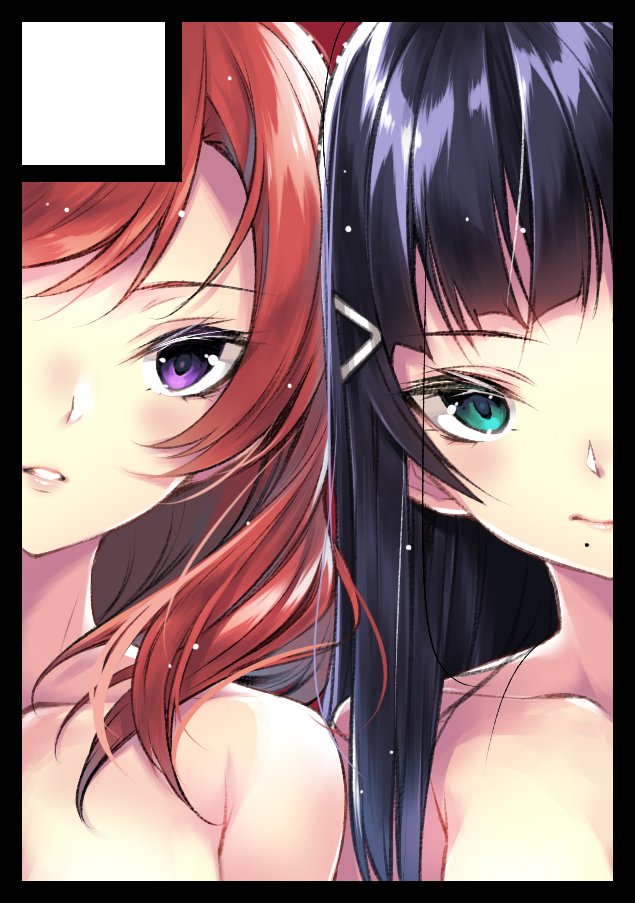 2girls circle_cut collarbone commentary_request green_eyes hair_ornament hairclip hario_4 kurosawa_dia looking_at_viewer love_live! love_live!_school_idol_project love_live!_sunshine!! mole mole_under_mouth multiple_girls nishikino_maki nude out_of_frame parted_lips portrait purple_hair redhead side-by-side violet_eyes