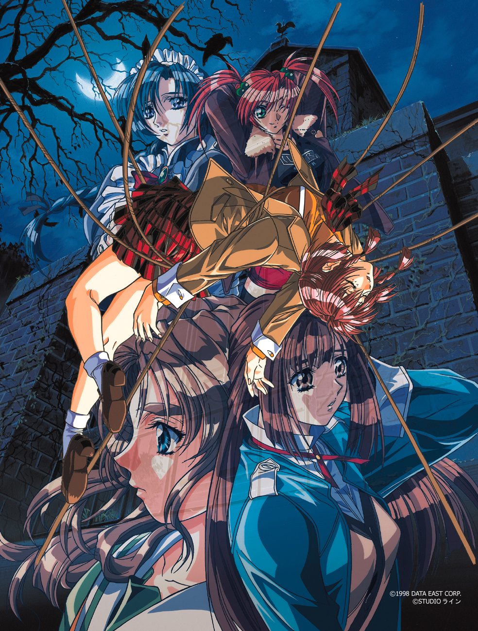 1998 90s aoki_chisa arm_up blue_eyes blue_hair braid brooch brown_eyes brown_hair closed_eyes crescent_moon dated doukoku_soshite green_eyes hair_bobbles hair_ornament hand_behind_head hand_to_head hatori_itsumi highres jacket jewelry loafers long_hair long_sleeves low-tied_long_hair maid_headdress moon night night_sky norma_wendy official_art one_eye_closed open_clothes open_jacket outdoors parted_lips plaid plaid_skirt pleated_skirt profile redhead rope sasamoto_riyo shirakawa_kosuzu shoes skirt sky smile suspension thick_eyebrows transparent twin_braids twintails white_legwear wings yokota_mamoru