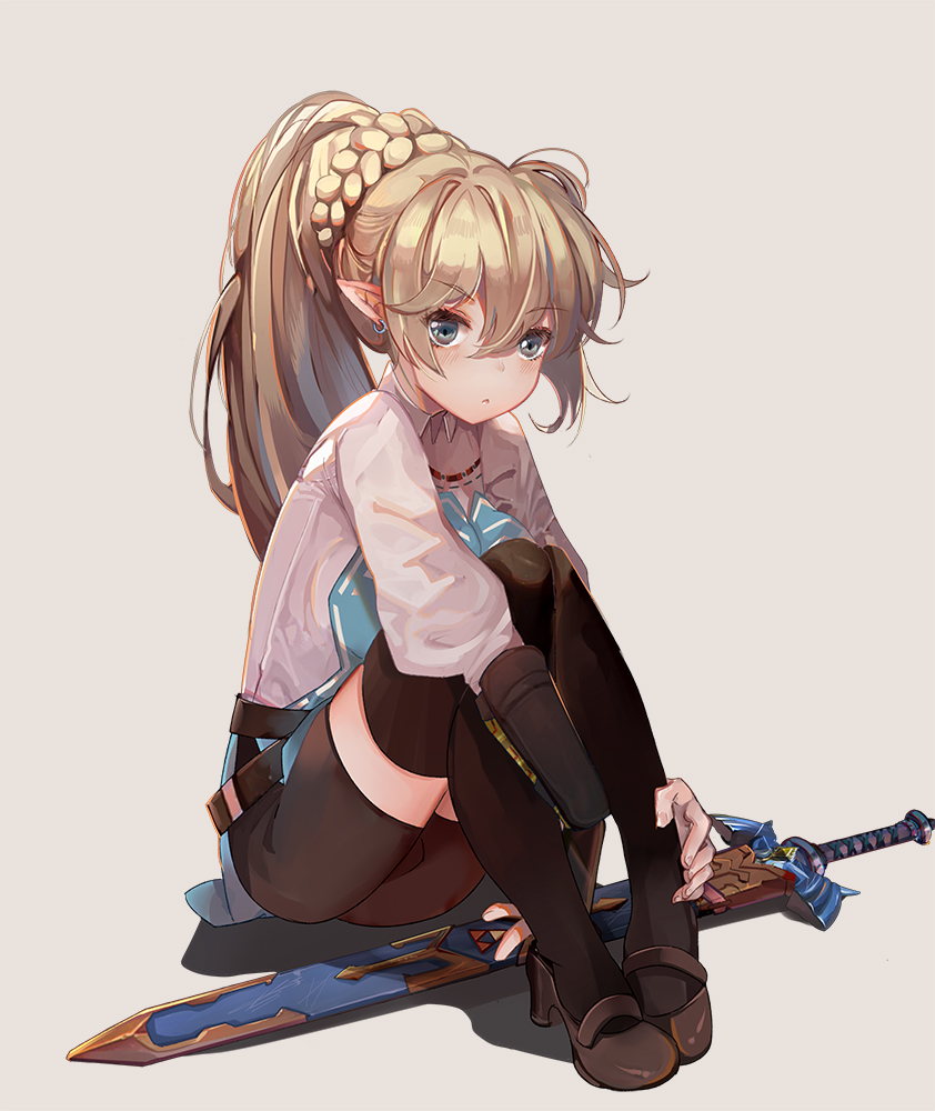 1girl belt bike_shorts black_eyes black_legwear blonde_hair blush braid closed_mouth collared_shirt commentary_request earrings eyebrows_visible_through_hair genderswap genderswap_(mtf) high_heels icywood jewelry link long_hair long_sleeves looking_at_viewer mary_janes master_sword pointy_ears scabbard sheath sheathed shirt shoes simple_background sitting solo sword the_legend_of_zelda thigh-highs weapon white_shirt wrist_guards