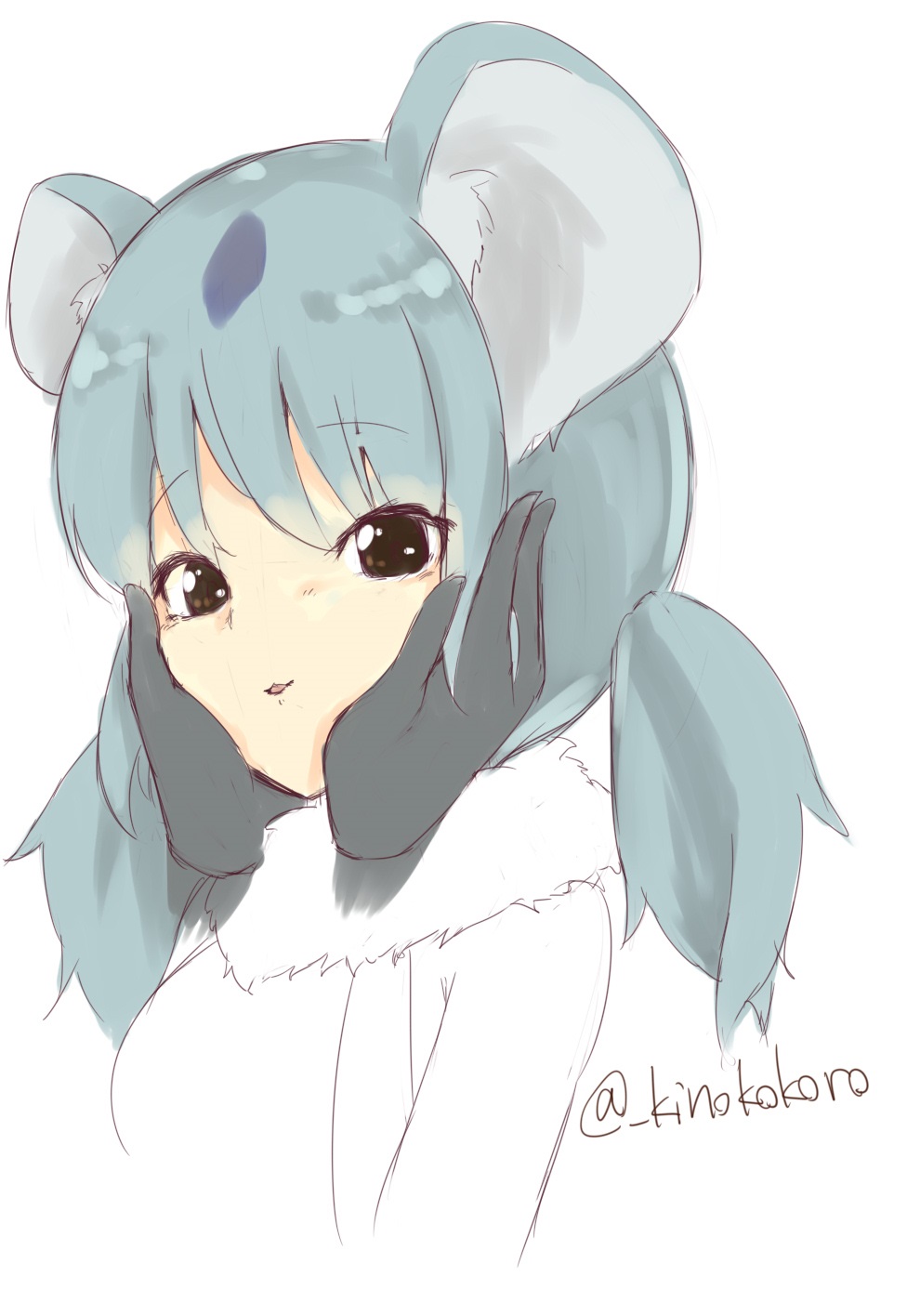 blue_eyes character_check eyebrows_visible_through_hair fur_collar gloves grey_hair hands_on_another's_face highres kaban_(kemono_friends) kemono_friends koala_(kemono_friends) koala_ears multicolored_hair partially_colored pikunoma short_hair twintails upper_body