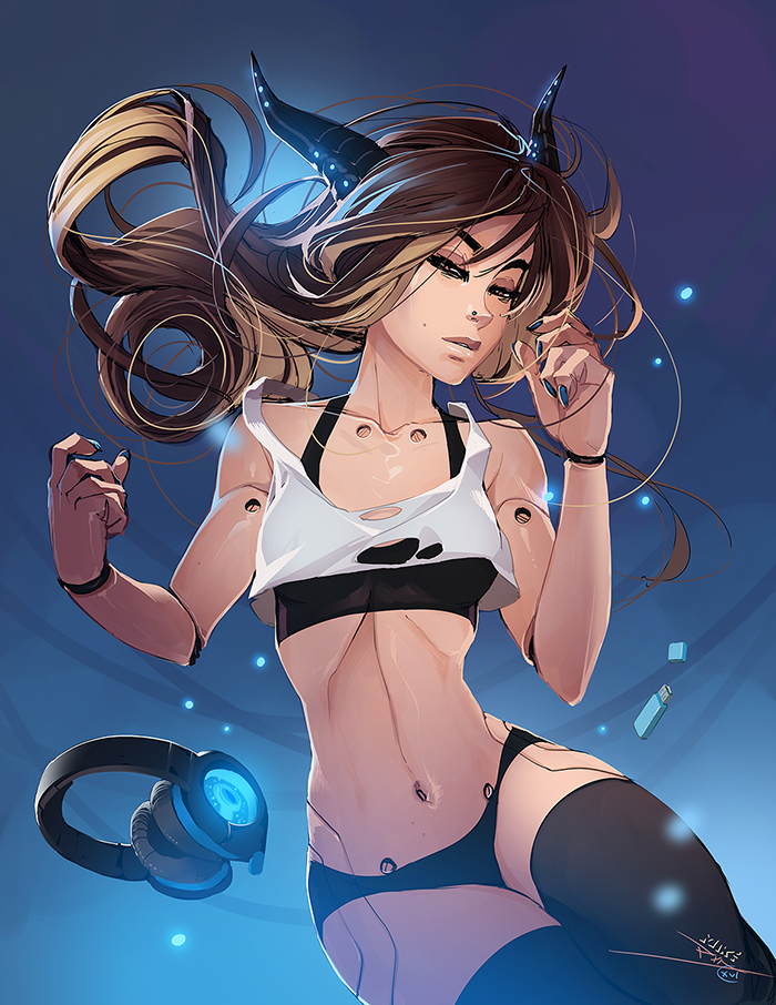 1girl black_legwear black_panties blue_nails breasts brown_hair commentary crop_top cyborg floating_hair half-closed_eyes headphones_removed horns long_hair mike_nesbitt nail_polish navel nose_piercing original panties piercing robot_joints small_breasts solo sports_bra thigh-highs underwear usb