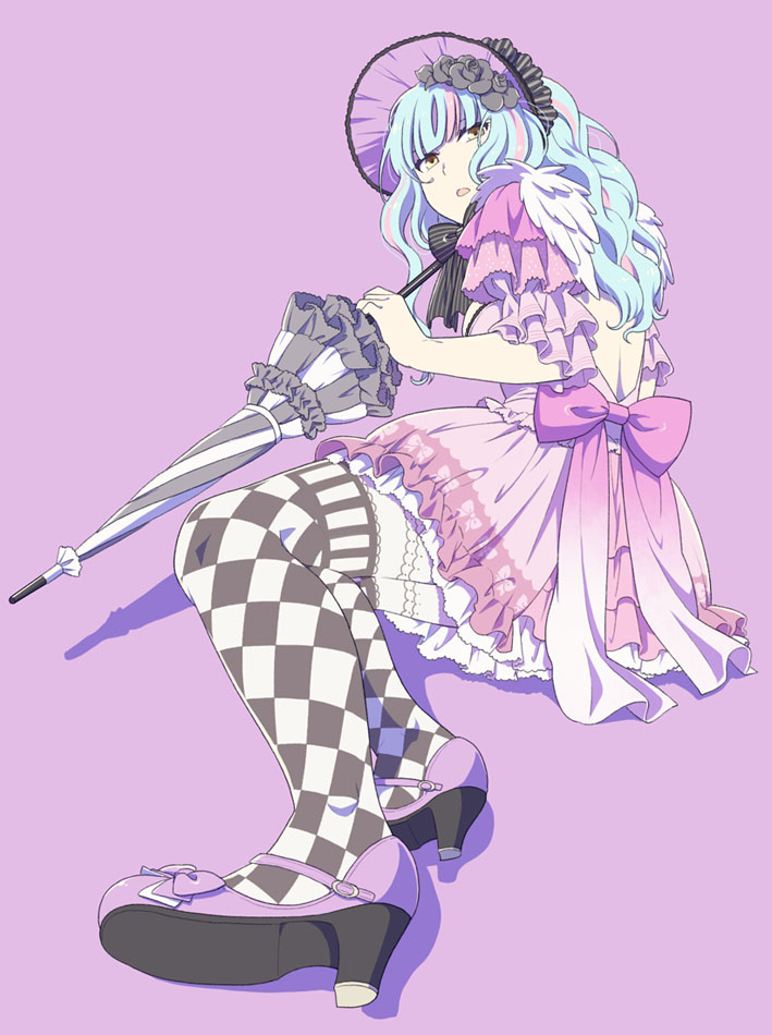 1girl back bangs blue_hair blunt_bangs bonnet breasts checkered checkered_legwear dress high_heels long_hair looking_at_viewer mattaku_mousuke open_mouth original pink_hair silhouette simple_background sitting solo thigh-highs umbrella yellow_eyes