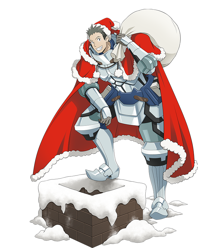 1boy armor armored_boots boots box cape fireplace frilled_hat frills full_armor full_body gift gift_box gloves grey_gloves grin hat holding_bag log_horizon looking_at_viewer naotsugu_(log_horizon) official_art red_cape red_hat santa_hat smile solo spiky_hair transparent_background