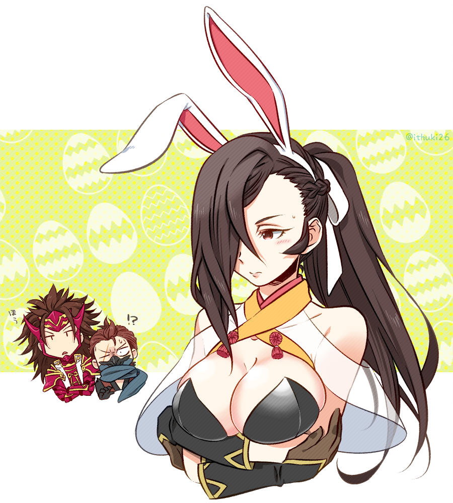 !? 1girl 2boys alternate_costume animal_ears armor black_hair braid breasts brown_hair bunnysuit chibi cleavage crossed_arms fake_animal_ears fire_emblem fire_emblem_heroes fire_emblem_if hair_over_one_eye half_mask japanese_armor kagerou_(fire_emblem_if) ki_(mona) large_breasts multiple_boys rabbit_ears ryouma_(fire_emblem_if) saizou_(fire_emblem_if) scar scarf spiky_hair upper_body