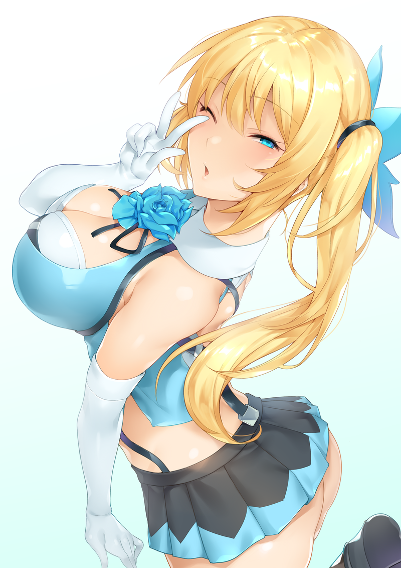 1girl 7zu7 ass bangs bare_shoulders blonde_hair blue_eyes blue_flower blue_rose blue_vest blush breasts cleavage elbow_gloves eyebrows_visible_through_hair flower gloves hair_ribbon hand_gesture hips large_breasts long_hair looking_at_viewer midriff mirai_akari mirai_akari_project one_eye_closed open_mouth pleated_skirt ribbon rose side_ponytail skirt solo vest virtual_youtuber w waist white_gloves