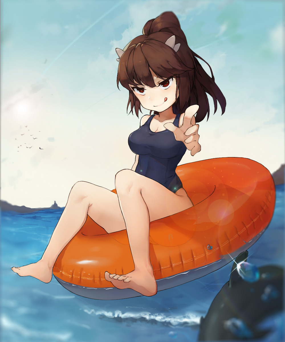 1girl aelks barefoot blush breasts brown_hair cleavage closed_mouth collarbone highres innertube large_breasts looking_away medium_hair original outdoors ponytail red_eyes school_swimsuit smile solo swimsuit tongue tongue_out water