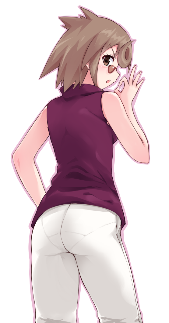 1girl ass bangs brown_eyes brown_hair cowboy_shot debutya_aki extra from_behind glasses halterneck looking_at_viewer looking_back money_gesture pants pantylines parted_lips pince-nez purple_shirt saki shirt short_hair simple_background sleeveless sleeveless_shirt solo standing white_background white_pants