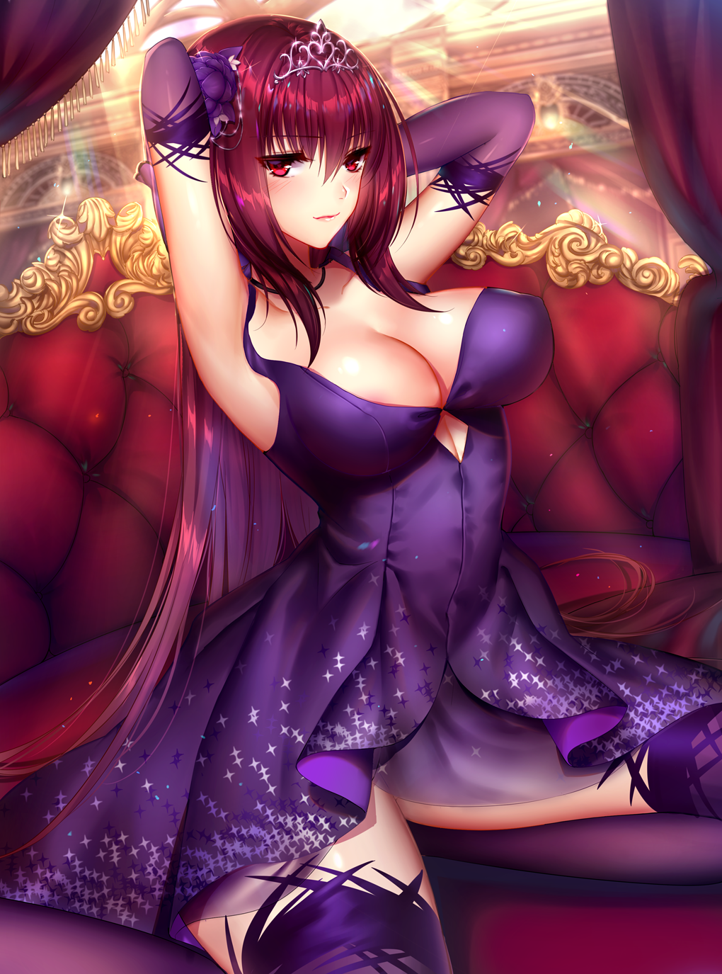 1girl armpits arms_behind_head blush breasts cleavage couch dress elbow_gloves erect_nipples fate/grand_order fate_(series) flower gloves hair_flower hair_ornament highres long_hair mallizmora purple_dress purple_gloves purple_hair purple_legwear red_eyes scathach_(fate/grand_order) sitting sleeveless sleeveless_dress smile solo thigh-highs tiara