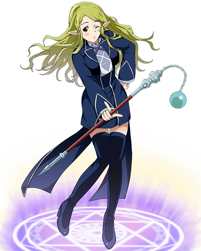 blonde_hair blue_dress blue_footwear blush boots breasts dress floating_hair full_body hand_on_hip high_heel_boots high_heels holding holding_staff log_horizon long_hair looking_at_viewer magic_circle marielle_(log_horizon) medium_breasts official_art one_eye_closed parted_lips pointy_ears round_table_uniform short_dress solo staff thigh-highs thigh_boots transparent_background uniform very_long_hair