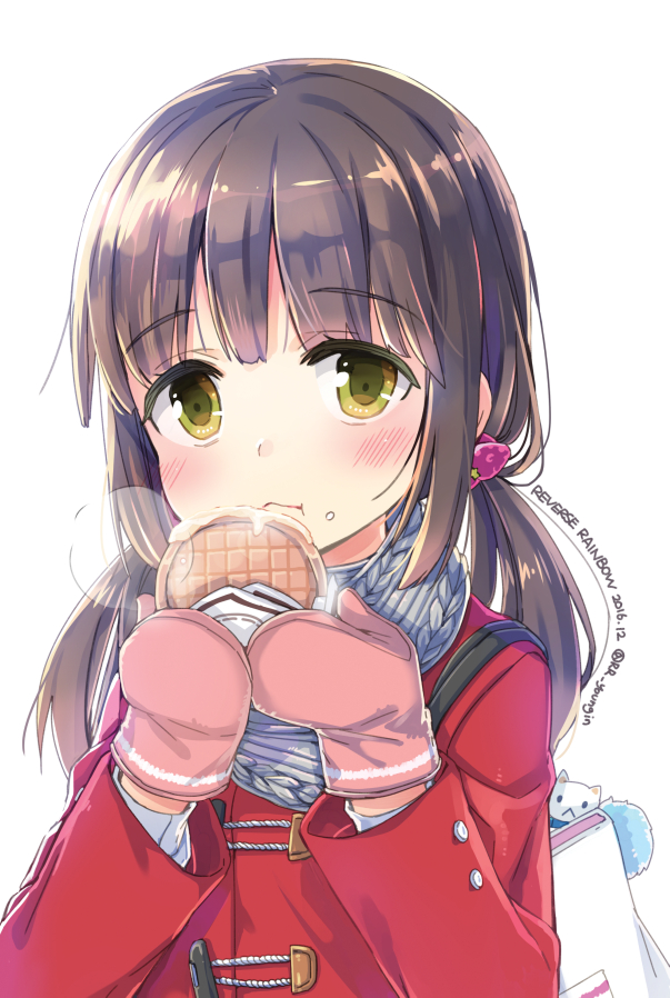 1girl :t bag bangs blush brown_hair closed_mouth coat commentary_request dated eating eyebrows_visible_through_hair food food_on_face food_request green_eyes hands_up holding holding_food jin_young-in long_hair long_sleeves looking_at_viewer low_twintails mittens original pink_mittens red_coat simple_background solo steam twintails twitter_username white_background