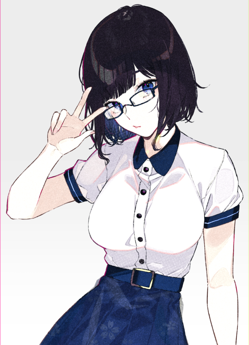 1girl belt black_hair blue_eyes breasts collared_shirt glasses kayahara looking_at_viewer original shirt skirt solo w