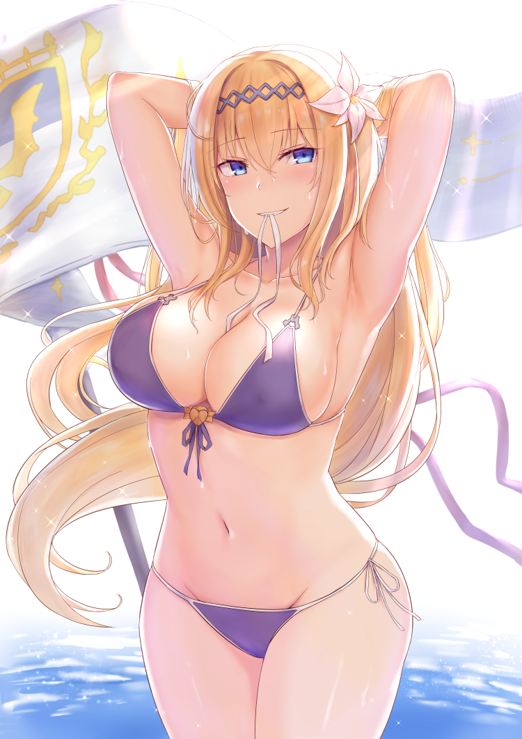 1girl armpits arms_up bikini blonde_hair blue_eyes blush breasts cai_geng flag flower granblue_fantasy groin hair_flower hair_ornament jeanne_d'arc_(granblue_fantasy) large_breasts long_hair looking_at_viewer mouth_hold navel side-tie_bikini solo swimsuit water