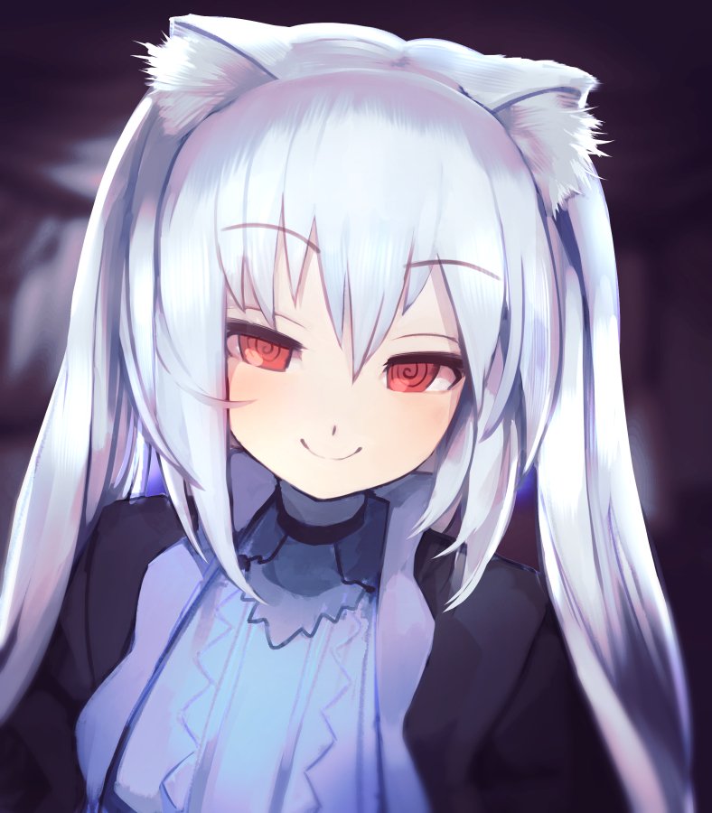 1girl animal_ears blush cat_ears dress eyebrows_visible_through_hair face facing_viewer half-closed_eyes kishibojin_pbw long_hair looking_at_viewer nora_cat nora_cat_channel red_eyes silver_hair smile symbol-shaped_pupils twintails very_long_hair