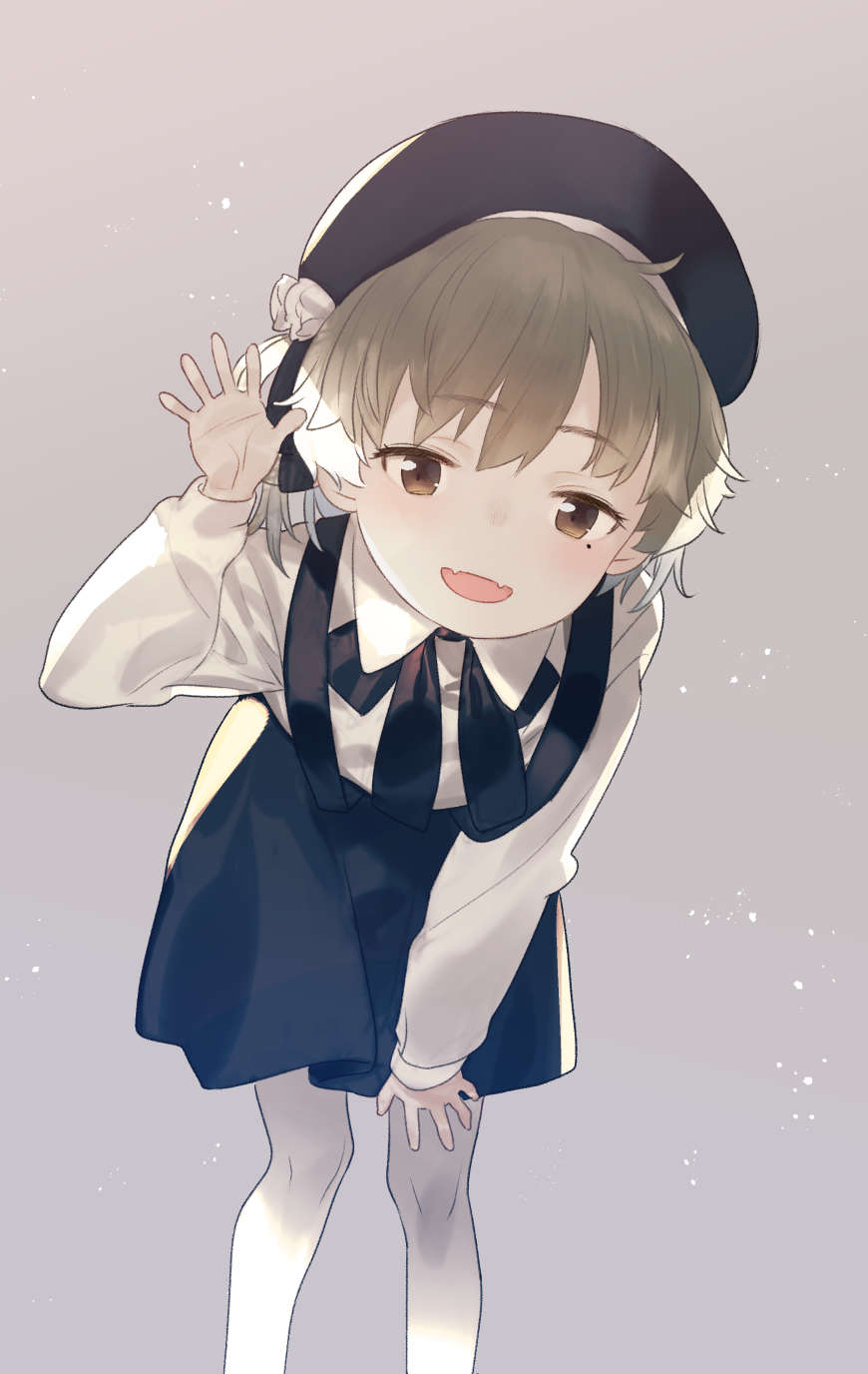 1girl :d arm_support bangs beret black_hat black_skirt brown_eyes brown_hair collared_shirt eyebrows_visible_through_hair fangs flower hair_rings hand_on_leg hand_up hat hatoba_tsugu highres leaning_forward long_sleeves looking_at_viewer open_mouth pantyhose shirt skirt smile solo subachi suspender_skirt suspenders tsugu_hatoba virtual_youtuber white_flower white_legwear white_shirt