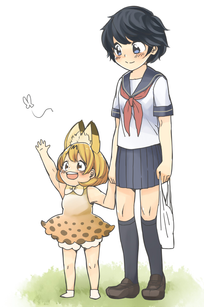 2girls age_difference alternate_costume animal_ears bag bare_arms bare_legs bare_shoulders black_hair blonde_hair blue_eyes blush bow bowtie butterfly contemporary dress hand_holding initsukkii kaban_(kemono_friends) kemono_friends kneehighs multicolored_hair multiple_girls neckerchief no_hat no_headwear open_mouth plastic_bag pleated_skirt school_uniform serafuku serval_(kemono_friends) serval_ears serval_print short_hair short_sleeves skirt