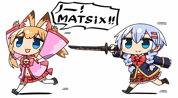 2girls :3 :d animal_ears arms_up bell blonde_hair blue_eyes blue_hair blush bow bowtie braid chasing chibi closed_mouth crossover detached_sleeves fox_ears girlfriend_(kari) hair_ornament hairclip hands_up holding holding_sword holding_weapon jingle_bell kanikama kemomimi_vr_channel mikoko_(kemomimi_vr_channel) multiple_girls murakami_fumio navel open_mouth platform_footwear pleated_skirt red_skirt running sandals simple_background skirt smile sword thigh-highs twin_braids virtual_youtuber weapon white_background white_legwear
