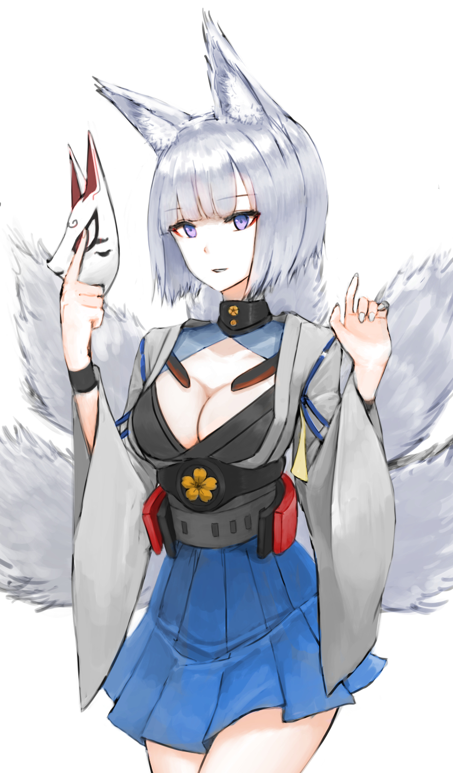 1girl animal_ears azur_lane bangs blue_eyes blue_skirt breasts cleavage fox_ears fox_tail highres japanese_clothes jijinjiji kaga_(azur_lane) large_breasts looking_at_viewer mask mask_removed multiple_tails short_hair silver_hair skirt smile solo standing tail violet_eyes white_hair wide_sleeves wristband