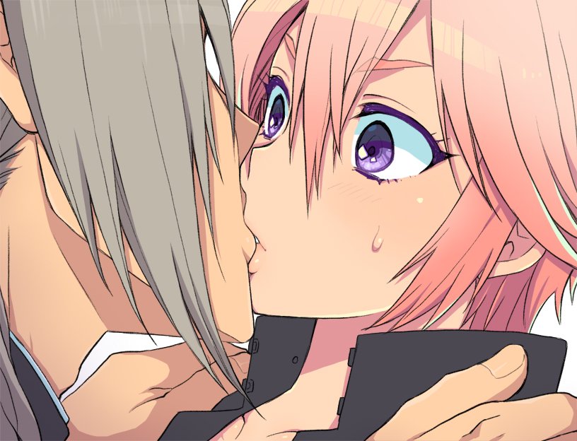 1boy 1girl collarbone eroe gakuran grey_hair hetero kiss lips original pink_hair school_uniform short_hair surprise_kiss surprised sweatdrop unnamed_tsrpg_protagonist_(eroe)