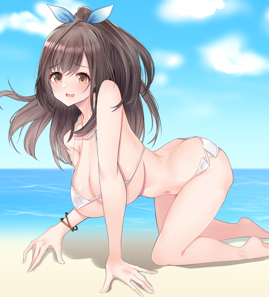 1girl all_fours amrita_(amber78gou) ass bikini blue_bow blush bow breasts brown_eyes brown_hair butt_crack cleavage collarbone eyebrows_visible_through_hair full_body idolmaster idolmaster_shiny_colors large_breasts long_hair open_mouth outdoors ponytail ribbon smile solo swimsuit tsukioka_kogane under_boob