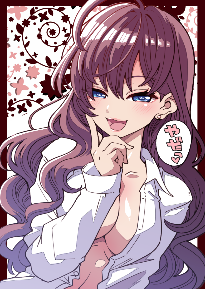1girl :3 ahoge bangs blue_eyes blush breasts brown_hair cleavage commentary_request dress_shirt earrings eyes_visible_through_hair hanauna highres ichinose_shiki idolmaster idolmaster_cinderella_girls jewelry lips long_hair long_sleeves looking_at_viewer medium_breasts open_clothes open_mouth open_shirt shirt smile solo translation_request wavy_hair