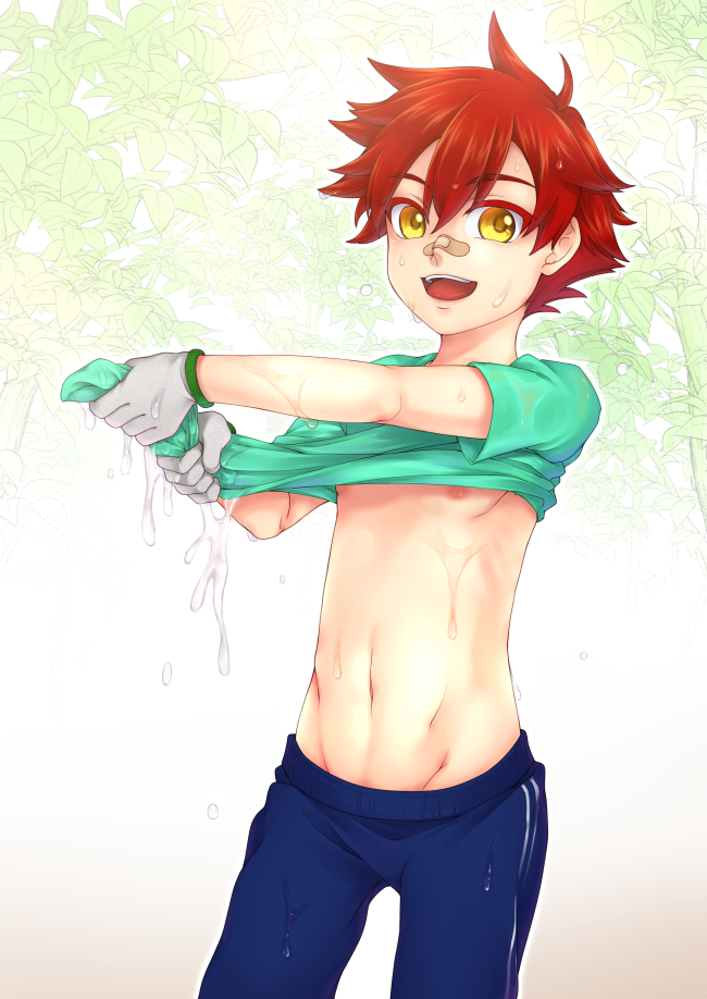 1boy aizen_kunitoshi looking_at_viewer navel nokkosu open_mouth redhead shirt_lift smile solo touken_ranbu wet wet_clothes wringing_clothes yellow_eyes