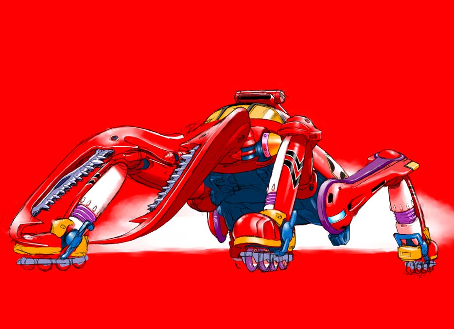 dust full_body kuwagattan mecha nakakita_kouji no_humans pincers red_background roller_skates simple_background skates time_bokan time_bokan_(series)