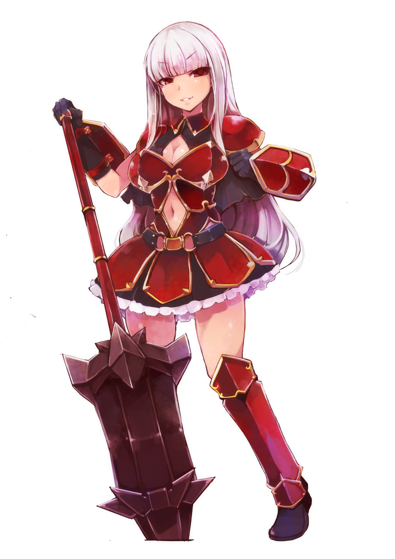 1girl armor armored_dress breasts cleavage cleavage_cutout eyebrows_visible_through_hair full_body gloves legs_apart lillithlauda long_hair looking_at_viewer medium_breasts navel original pink_hair red_eyes solo standing sword transparent_background weapon