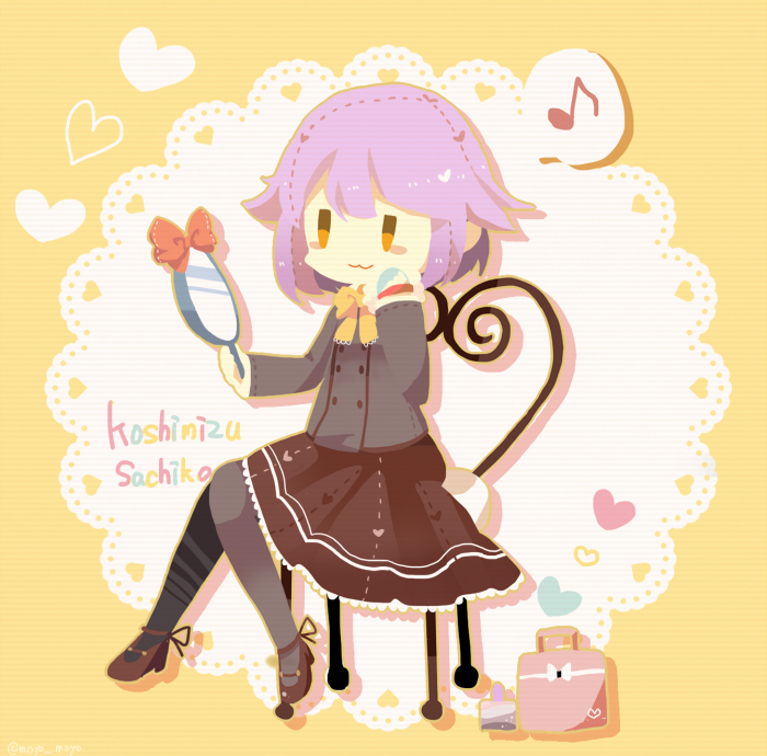 1girl :3 bag black_legwear blush_stickers bow bowtie brown_eyes brown_skirt chair character_name grey_shirt hand_mirror hand_on_own_face handbag heart holding_mirror idolmaster idolmaster_cinderella_girls koshimizu_sachiko long_sleeves mirror moyo_(amaniwa) musical_note purple_hair shirt short_hair sitting skirt smile solo yellow_neckwear