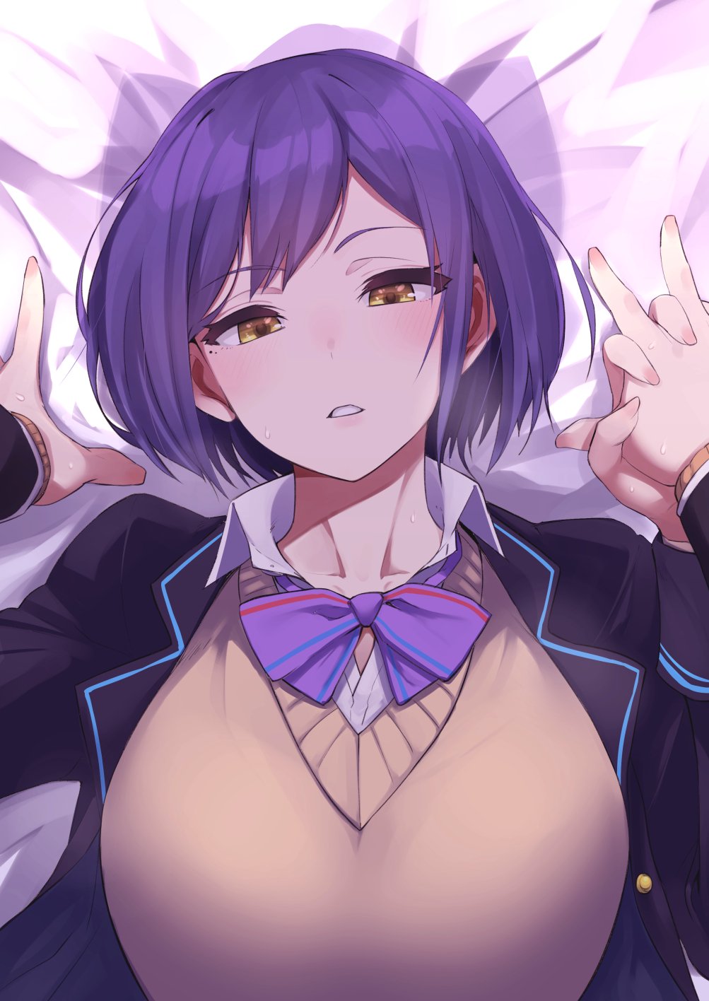 1girl bed blush breasts brown_eyes character_request collarbone eyebrows_visible_through_hair highres interlocked_fingers looking_at_viewer lying medium_breasts mole mole_under_eye nuezou on_back parted_lips pov purple_hair school_uniform short_hair solo