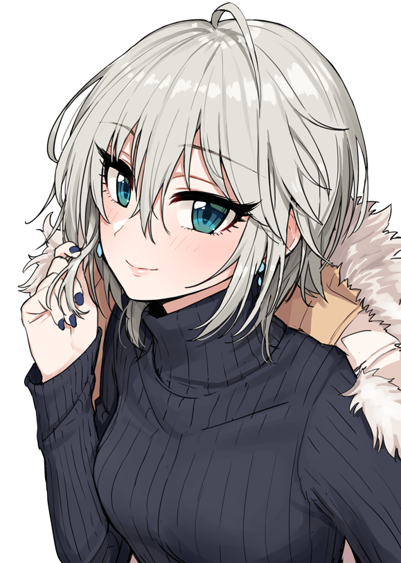 1girl anastasia_(idolmaster) bangs black_sweater blue_eyes blue_nails blush breasts eyebrows_visible_through_hair eyelashes fur-trimmed_jacket fur_trim hair_between_eyes holding holding_hair idolmaster idolmaster_cinderella_girls jacket looking_at_viewer medium_breasts nail_polish omaru_gyuunyuu ribbed_sweater short_hair silver_hair simple_background smile solo sweater turtleneck turtleneck_sweater white_jacket