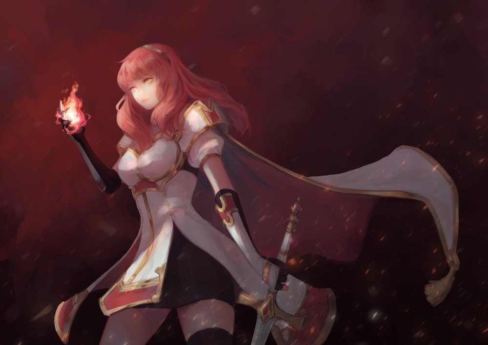 1girl armor artist_request cape celica_(fire_emblem) dress earrings fingerless_gloves fire fire_emblem fire_emblem_echoes:_mou_hitori_no_eiyuuou gloves jewelry long_hair red_eyes redhead simple_background solo thigh-highs tiara weapon