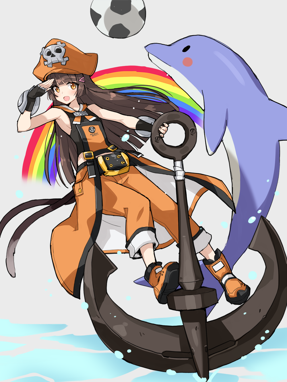 1girl alternate_costume anchor ankle_boots ball bangs belt_buckle blunt_bangs boots brown_eyes brown_hair buckle chitose_(soccer_spirits) coattails cosplay dolphin eyebrows_visible_through_hair fingerless_gloves flat_chest gloves guilty_gear hair_ornament hairclip hat highres huge_weapon long_hair may_(guilty_gear) may_(guilty_gear)_(cosplay) orange_hat pants pants_rolled_up pirate_hat sailor_collar salute serin199 skull_and_crossbones soccer_ball soccer_spirits solo weapon