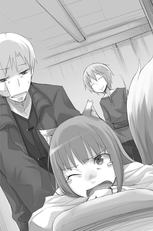 1girl 2boys animal_ears ayakura_juu craft_lawrence dutch_angle eyebrows_visible_through_hair fang from_below greyscale holo indoors lying massage monochrome multiple_boys novel_illustration official_art on_stomach one_eye_closed open_mouth shirt spice_and_wolf standing sweatdrop tail tears tote_col wolf_ears wolf_tail