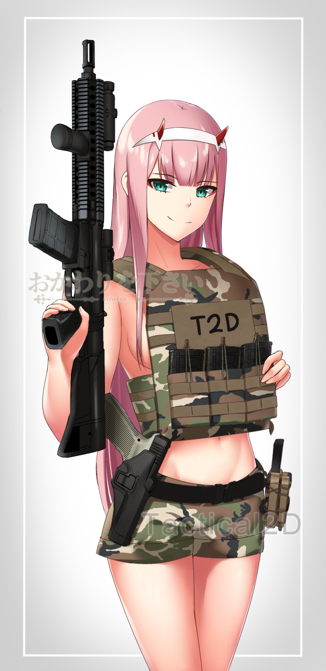 1girl ammunition_belt aqua_eyes belt breasts bulletproof_vest camouflage camouflage_shorts collarbone darling_in_the_franxx eyebrows_visible_through_hair gun hair_over_breasts hairband handgun highres holding holding_weapon horns kaafi knife long_hair medium_breasts navel pink_hair pistol rifle sheath shorts sideboob smile solo straight_hair watermark weapon white_hairband zero_two_(darling_in_the_franxx)