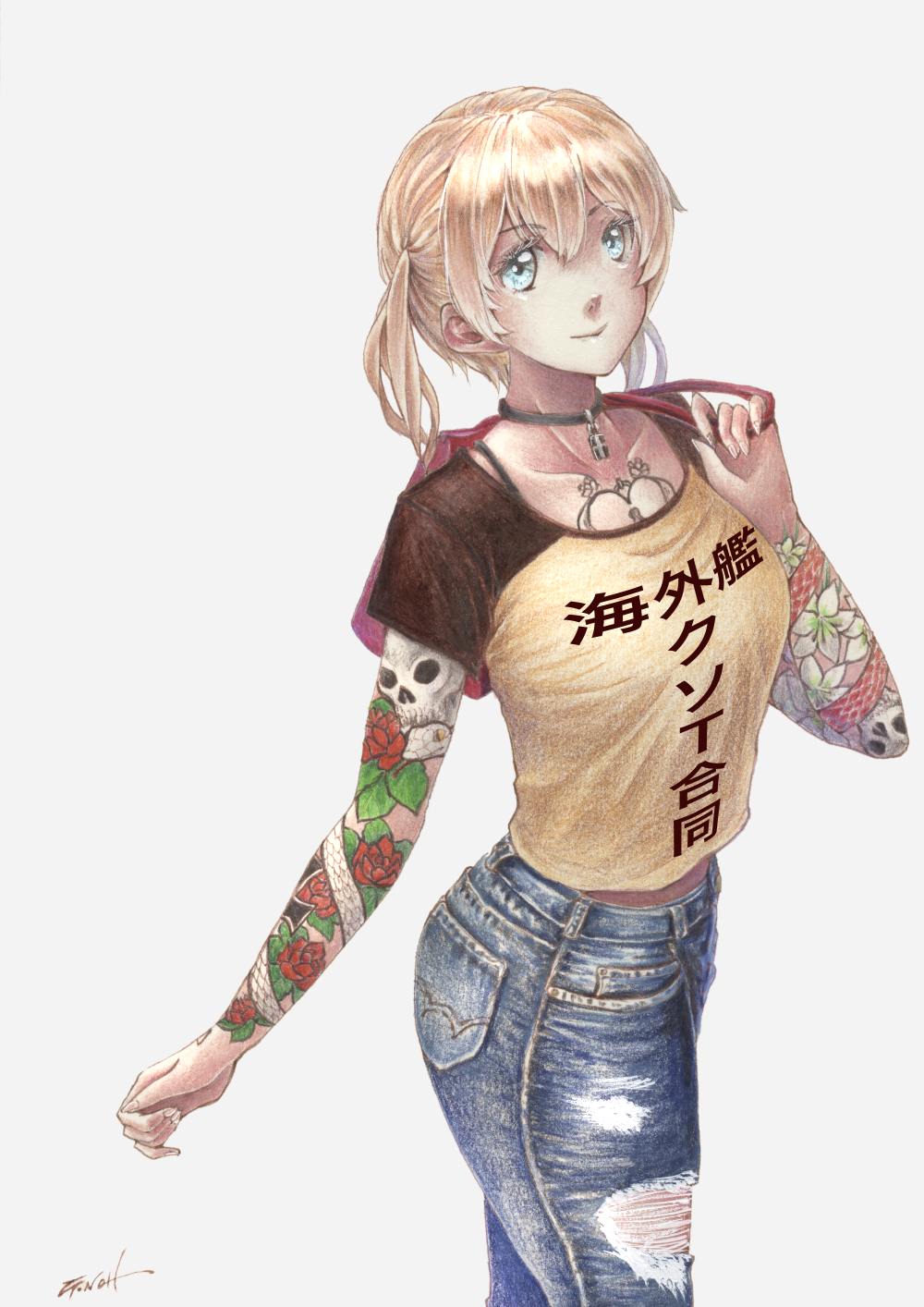 aqua_eyes bag blonde_hair choker cowboy_shot grey_background handbag highres jewelry kantai_collection looking_at_viewer low_twintails millipen_(medium) over_shoulder prinz_eugen_(kantai_collection) ripped_jeans shirt smile t-shirt tattoo tesun_(g_noh) traditional_media twintails watercolor_pencil_(medium)