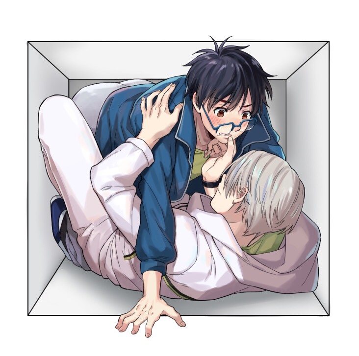 2boys al_(ahr) black_hair blue-framed_eyewear blush box brown_eyes glasses hand_on_another's_face hood hoodie in_box in_container katsuki_yuuri lying male_focus multiple_boys on_back silver_hair viktor_nikiforov yaoi yuri!!!_on_ice