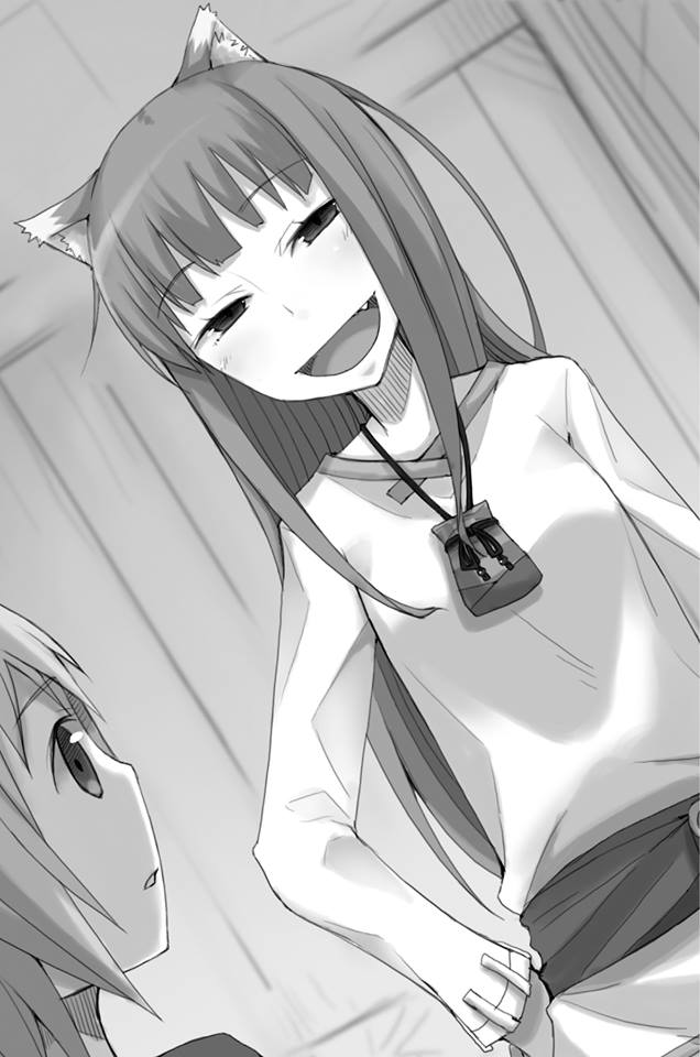 1boy 1girl :d animal_ears ayakura_juu dutch_angle eyebrows_visible_through_hair fang greyscale hand_on_hip head_tilt holo indoors long_hair monochrome novel_illustration official_art open_mouth parted_lips pouch smile spice_and_wolf standing tote_col very_long_hair wolf_ears